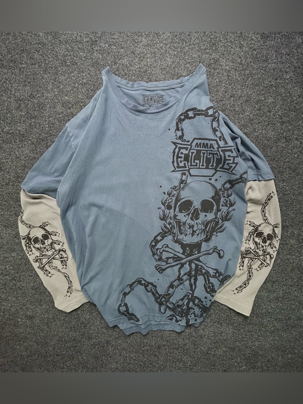MMA Elite Skull Graphic Long Sleeve Shirt - Blue with Cream thermal Sleeves